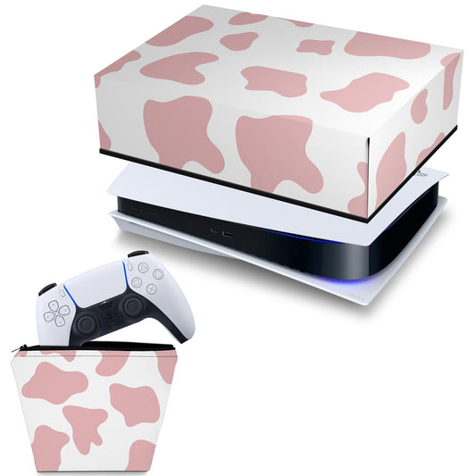 KIT Capa Anti Poeira e Case Controle PS5 Fat Horizontal - Vaquinha Rosa