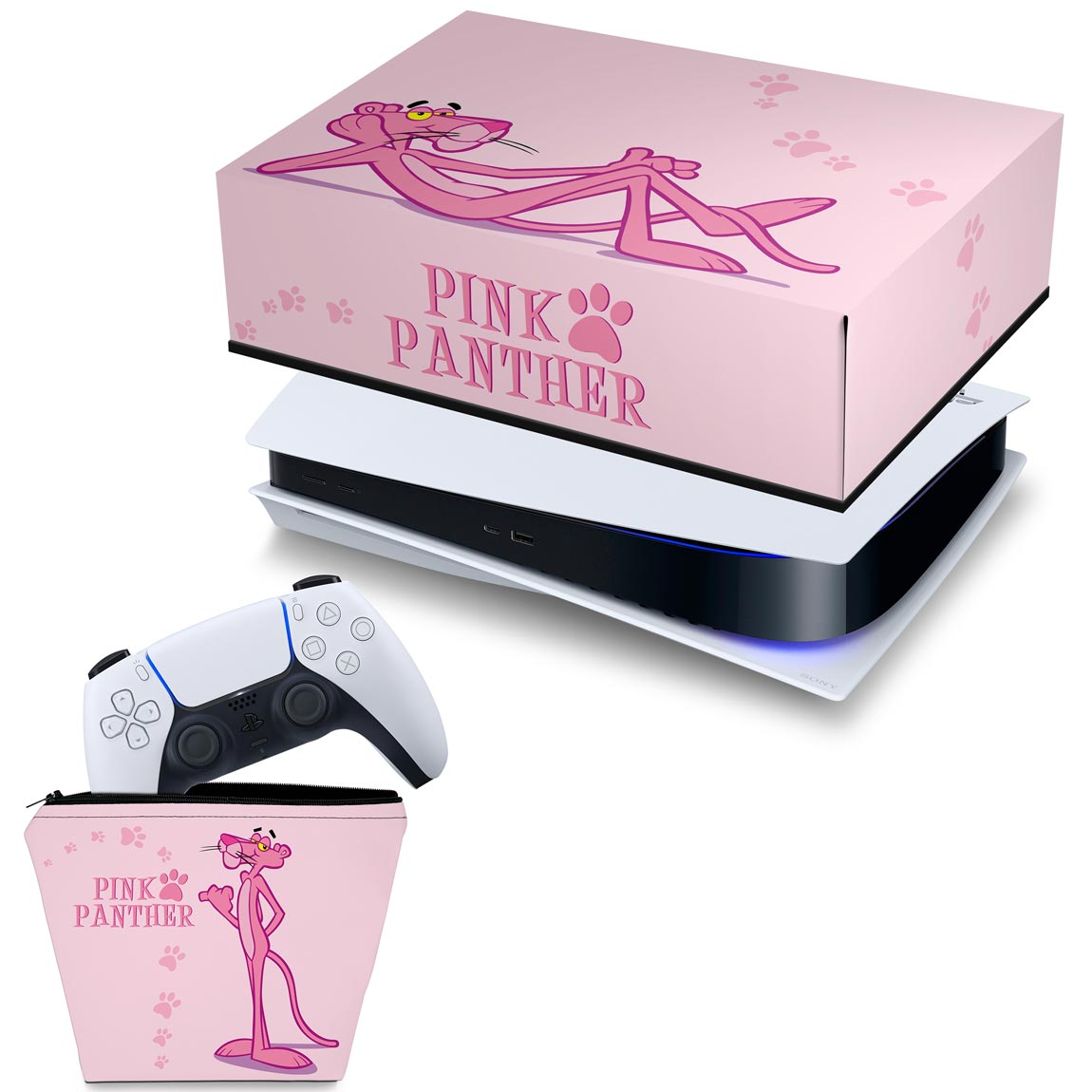 KIT Capa Anti Poeira e Case Controle PS5 Fat Horizontal - Pantera Cor de Rosa