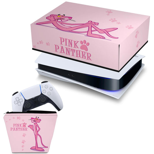 KIT Capa Anti Poeira e Case Controle PS5 Fat Horizontal - Pantera Cor de Rosa