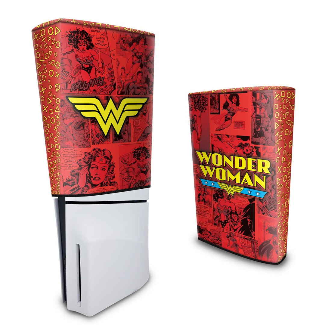 Capa Anti Poeira PS5 Slim Vertical - Mulher Maravilha Comics - Pop Arte Skins