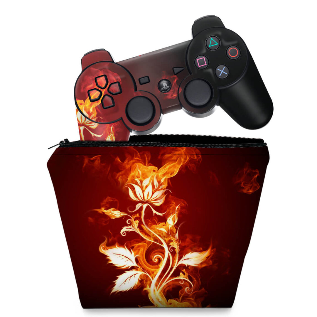 KIT Capa Case e Skin Anti-Rage PS3 Controle - Fire Flower - Pop Arte Skins