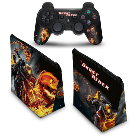 KIT Capa Case e Skin Anti-Rage PS3 Controle - Ghost Rider Motoqueiro #a