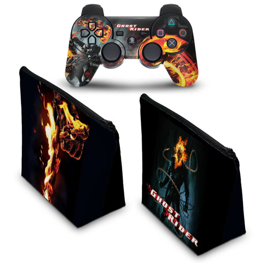 KIT Capa Case e Skin Anti-Rage PS3 Controle - Ghost Rider Motoqueiro #b