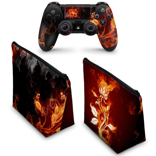 KIT Capa Case e Skin Anti-Rage PS4 Controle - Fire Flower