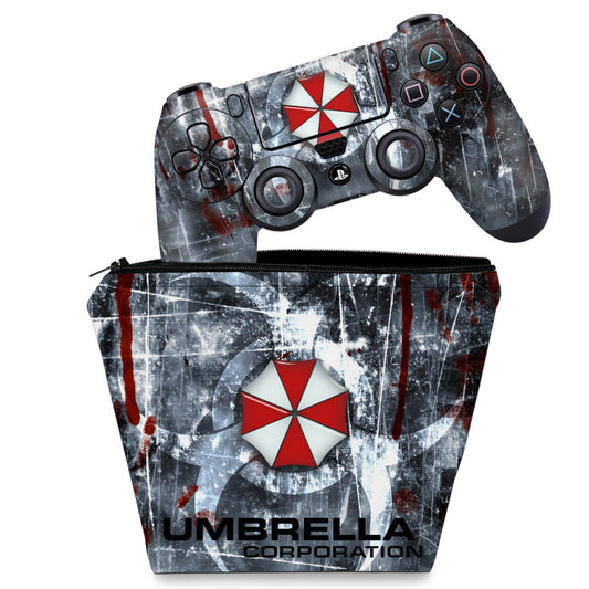 KIT Capa Case e Skin Anti-Rage PS4 Controle - Resident Evil Umbrella
