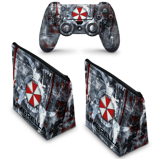 KIT Capa Case e Skin Anti-Rage PS4 Controle - Resident Evil Umbrella