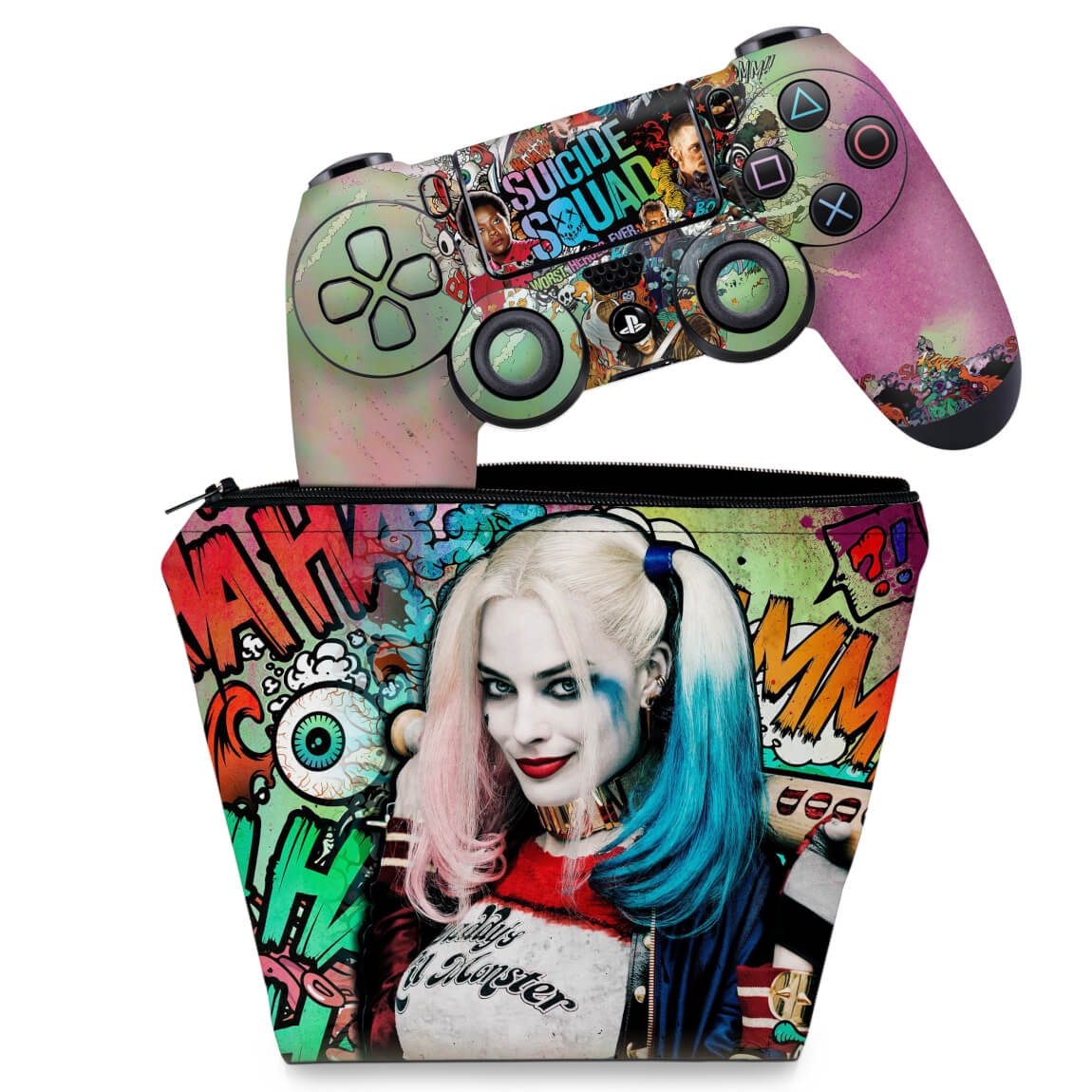 KIT Capa Case e Skin Anti-Rage PS4 Controle - Esquadrão Suicida #A