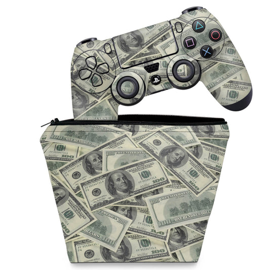 KIT Capa Case e Skin Anti-Rage PS4 Controle - Dollar Money Dinheiro