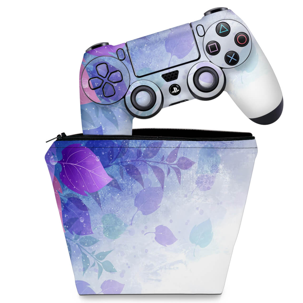 KIT Capa Case e Skin Anti-Rage PS4 Controle - Folhas Lilás