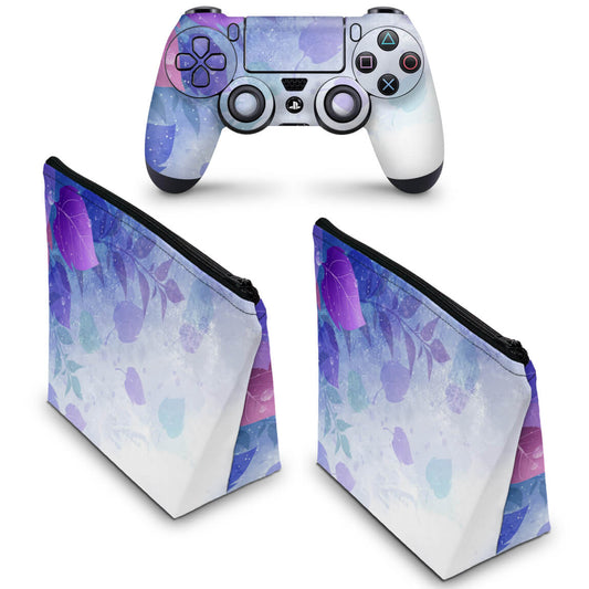 KIT Capa Case e Skin Anti-Rage PS4 Controle - Folhas Lilás