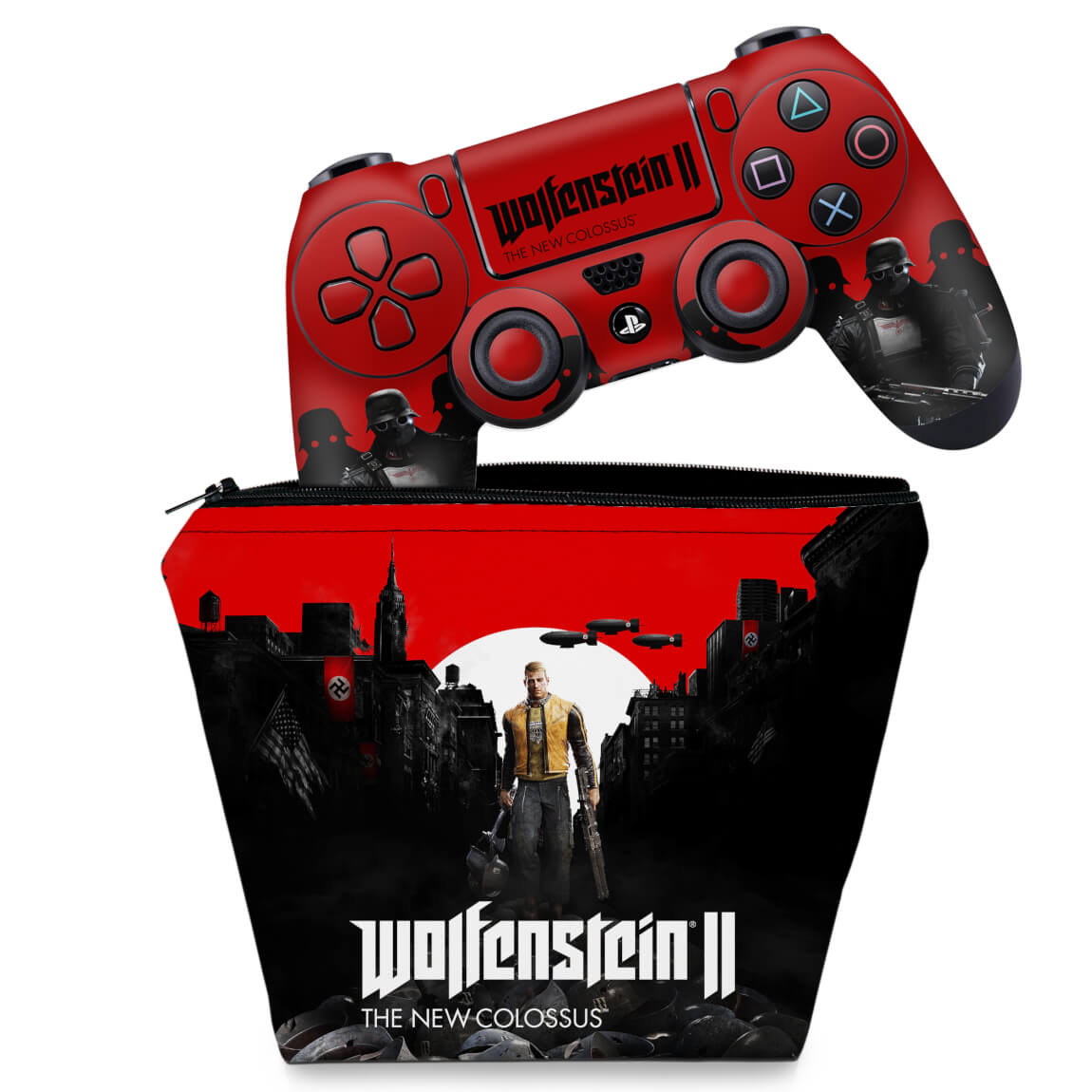 KIT Capa Case e Skin Anti-Rage PS4 Controle - Wolfenstein 2 New Order