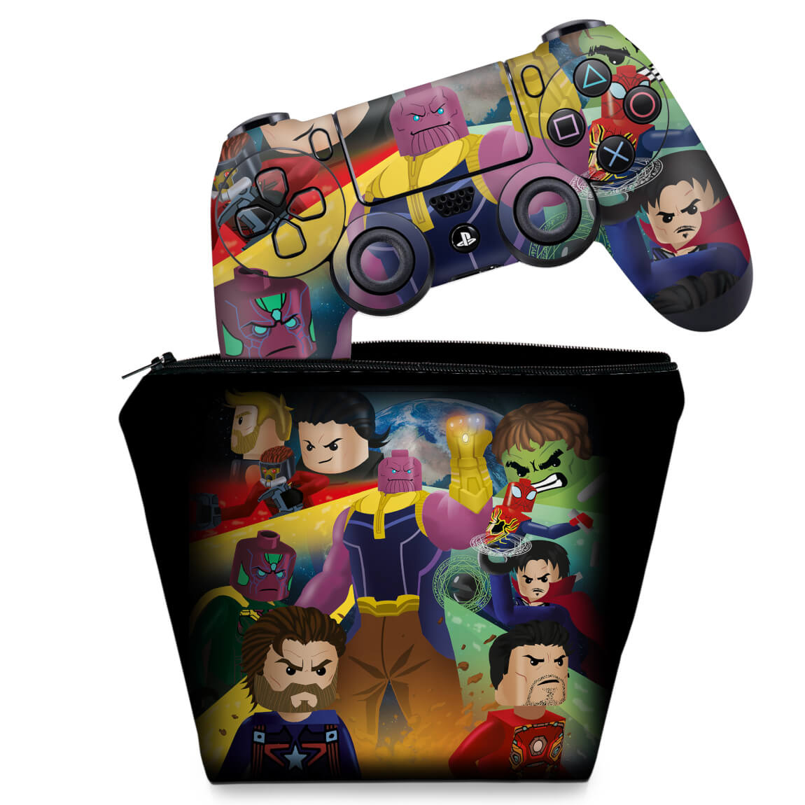 KIT Capa Case e Skin Anti-Rage PS4 Controle - Lego Avengers Vingadores