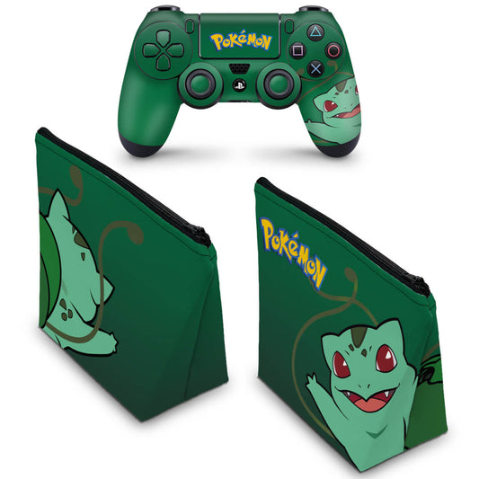 KIT Capa Case e Skin Anti-Rage PS4 Controle - Pokemon Bulbasaur