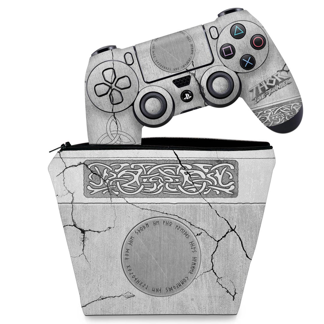 KIT Capa Case e Skin Anti-Rage PS4 Controle - Mjolnir Thor Amor e Trovão - Pop Arte Skins