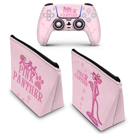 KIT Capa Case e Skin Anti-Rage PS5 Controle - Pantera Cor de Rosa