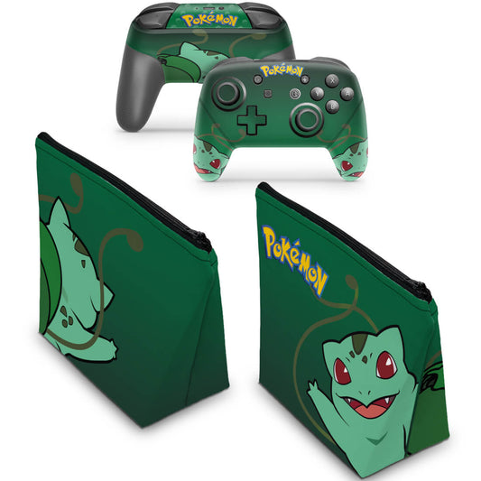 KIT Capa Case e Skin Nintendo Switch Pro Controle - Pokémon Bulbasaur