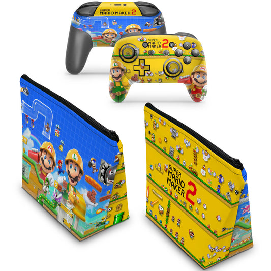 KIT Capa Case e Skin Nintendo Switch Pro Controle - Super Mario Maker 2