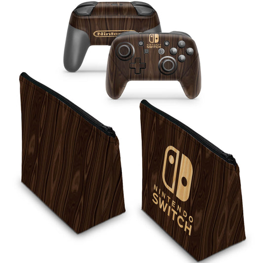 KIT Capa Case e Skin Nintendo Switch Pro Controle - Madeira