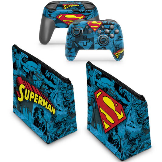 KIT Capa Case e Skin Nintendo Switch Pro Controle - Superman Comics