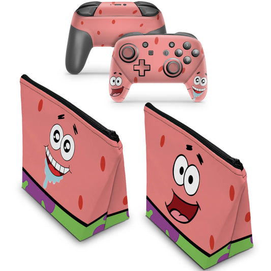 KIT Capa Case e Skin Nintendo Switch Pro Controle - Patrick Bob Esponja