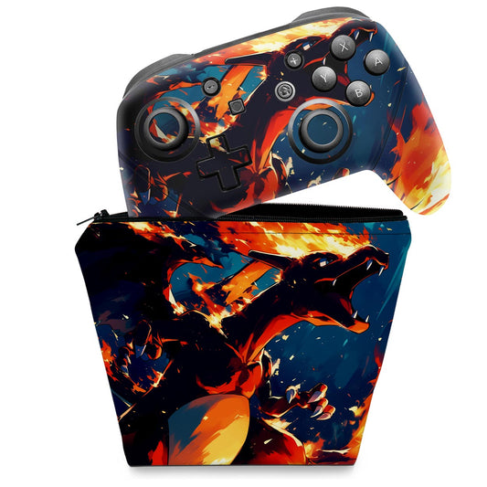 KIT Capa Case e Skin Anti-Rage Nintendo Switch Pro Controle - Chamas de Charizard