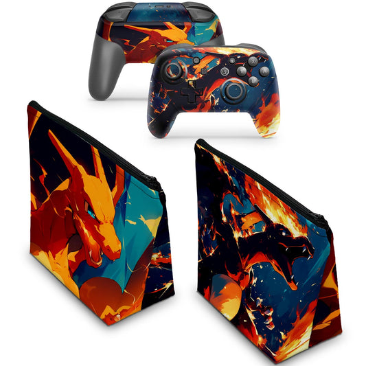 KIT Capa Case e Skin Anti-Rage Nintendo Switch Pro Controle - Chamas de Charizard
