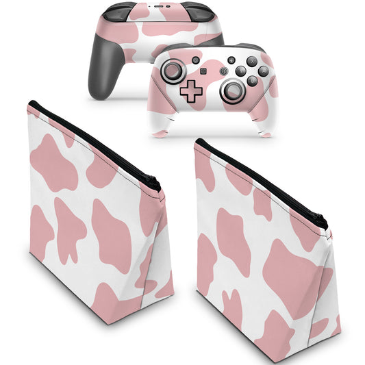 KIT Capa Case e Skin Anti-Rage Nintendo Switch Pro Controle - Vaquinha Rosa