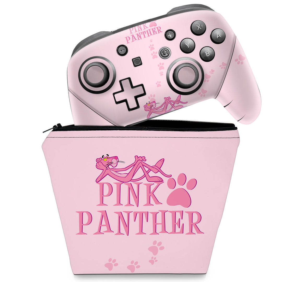KIT Capa Case e Skin Anti-Rage Nintendo Switch Pro Controle - Pantera Cor de Rosa - Pop Arte Skins
