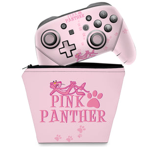 KIT Capa Case e Skin Anti-Rage Nintendo Switch Pro Controle - Pantera Cor de Rosa - Pop Arte Skins