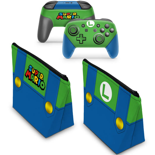 KIT Capa Case e Skin Anti-Rage Nintendo Switch Pro Controle - Luigi Verde Mania