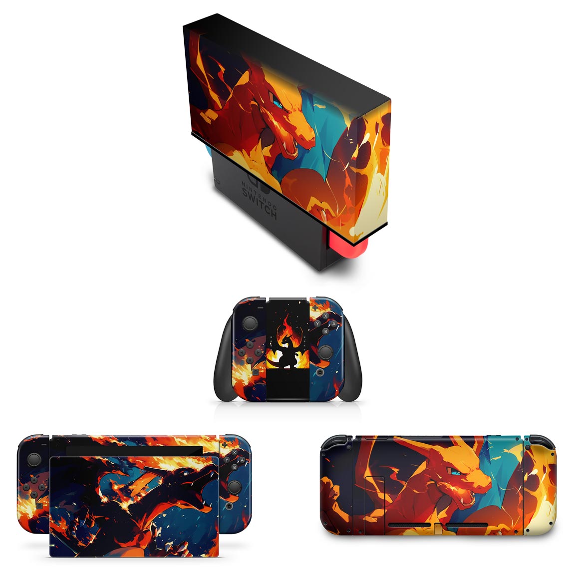 KIT Nintendo Switch Skin Anti-Rage e Capa Anti Poeira - Chamas de Charizard