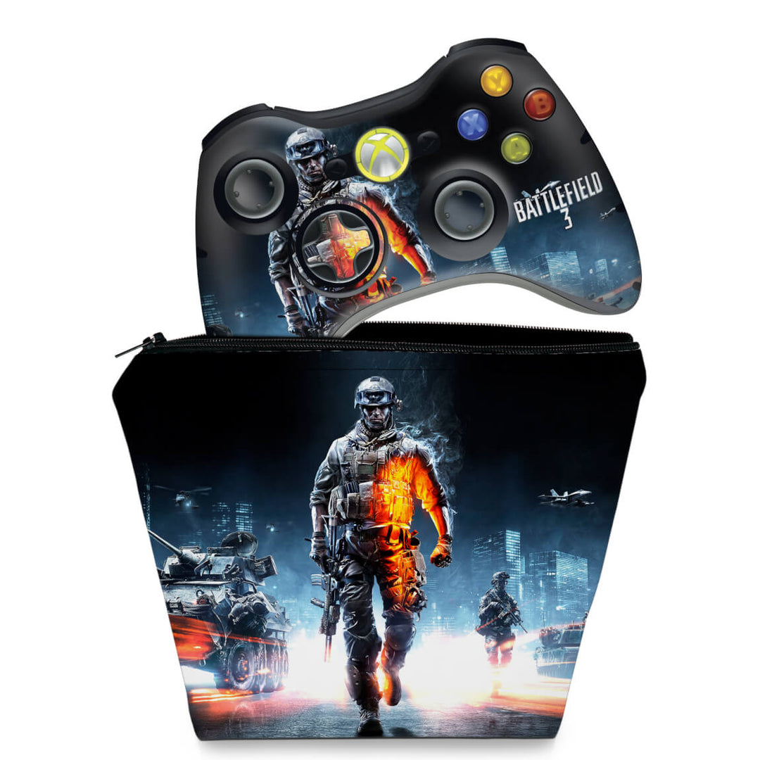 KIT Capa Case e Skin Anti-Rage Xbox 360 Controle - Battlefield 3 - Pop Arte Skins