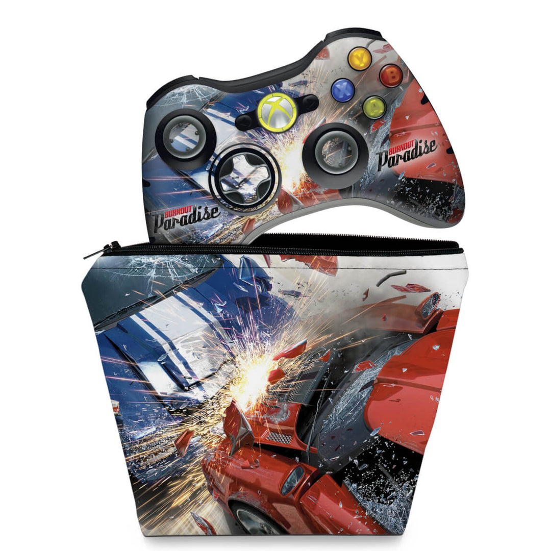 KIT Capa Case e Skin Anti-Rage Xbox 360 Controle - Burnout Paradise - Pop Arte Skins