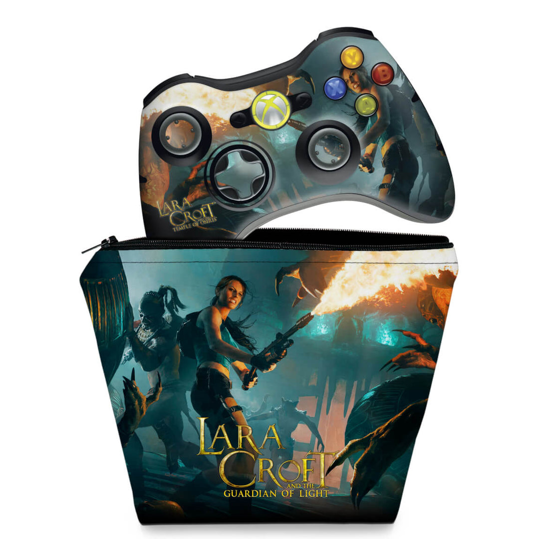 KIT Capa Case e Skin Anti-Rage Xbox 360 Controle - Lara Croft Temple Osiris - Pop Arte Skins