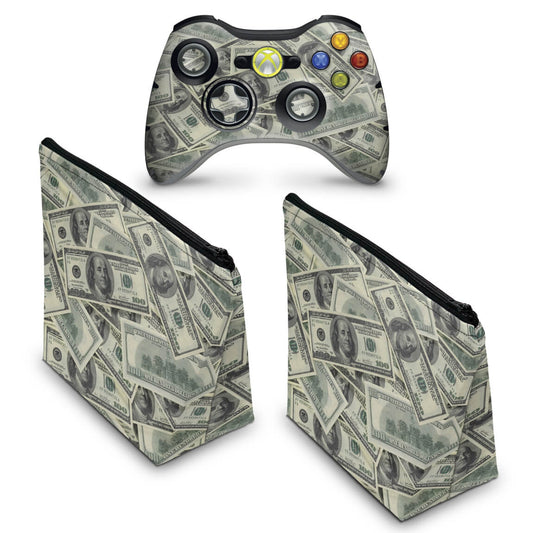 KIT Capa Case e Skin Xbox 360 Controle - Dollar Money Dinheiro