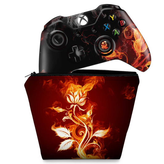 KIT Capa Case e Skin Anti-Rage Xbox One Fat Controle - Fire Flower