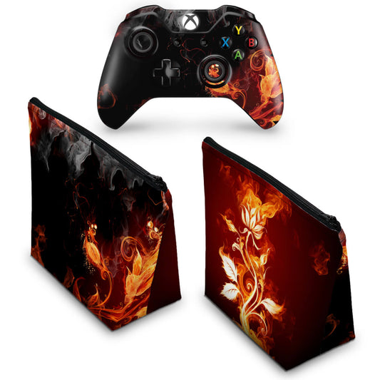 KIT Capa Case e Skin Anti-Rage Xbox One Fat Controle - Fire Flower