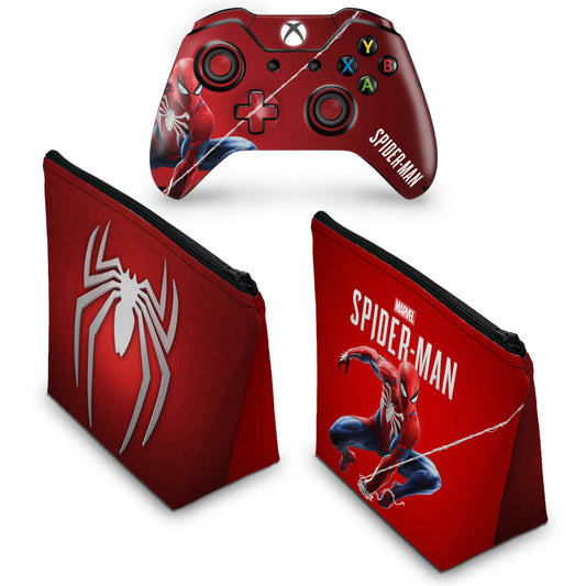 KIT Capa Case e Skin Anti-Rage Xbox One Fat Controle - Homem Aranha Spider-man