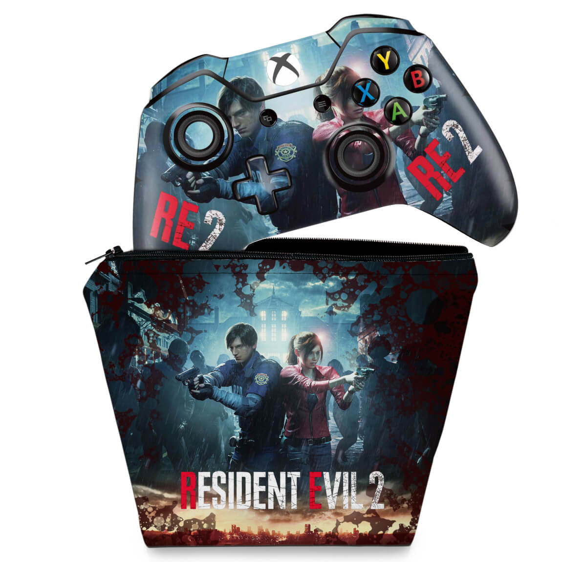KIT Capa Case e Skin Anti-Rage Xbox One Fat Controle - Resident Evil 2 Remake