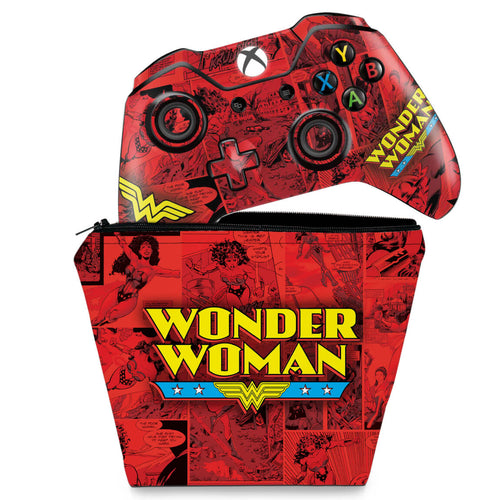 KIT Capa Case e Skin Anti-Rage Xbox One Fat Controle - Mulher Maravilha Comics