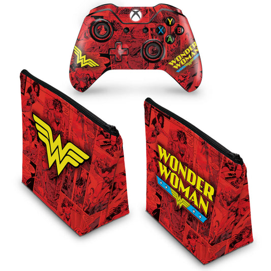 KIT Capa Case e Skin Anti-Rage Xbox One Fat Controle - Mulher Maravilha Comics