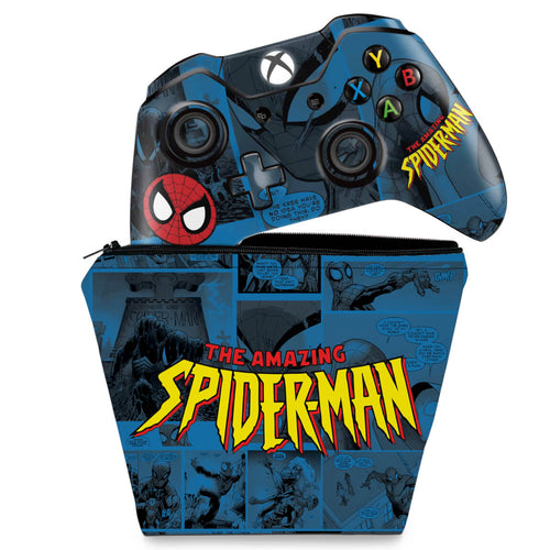 KIT Capa Case e Skin Anti-Rage Xbox One Fat Controle - Homem-Aranha Spider-Man Comics