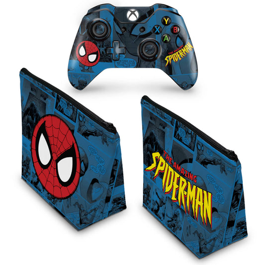 KIT Capa Case e Skin Anti-Rage Xbox One Fat Controle - Homem-Aranha Spider-Man Comics