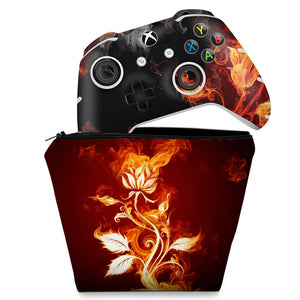 KIT Capa Case e Skin Anti-Rage Xbox One Slim X Controle - Fire Flower