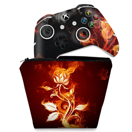 KIT Capa Case e Skin Anti-Rage Xbox One Slim X Controle - Fire Flower