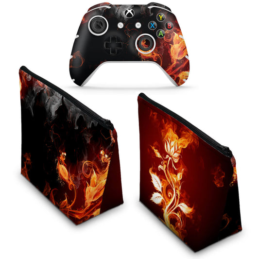 KIT Capa Case e Skin Anti-Rage Xbox One Slim X Controle - Fire Flower