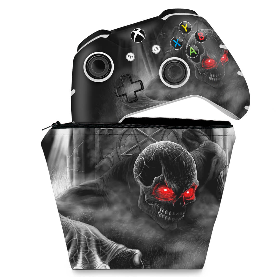 KIT Capa Case e Skin Anti-Rage Xbox One Slim X Controle - Caveira Skull