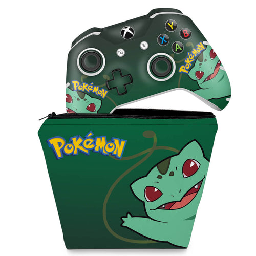 KIT Capa Case e Skin Anti-Rage Xbox One Slim X Controle - Pokemon Bulbasaur