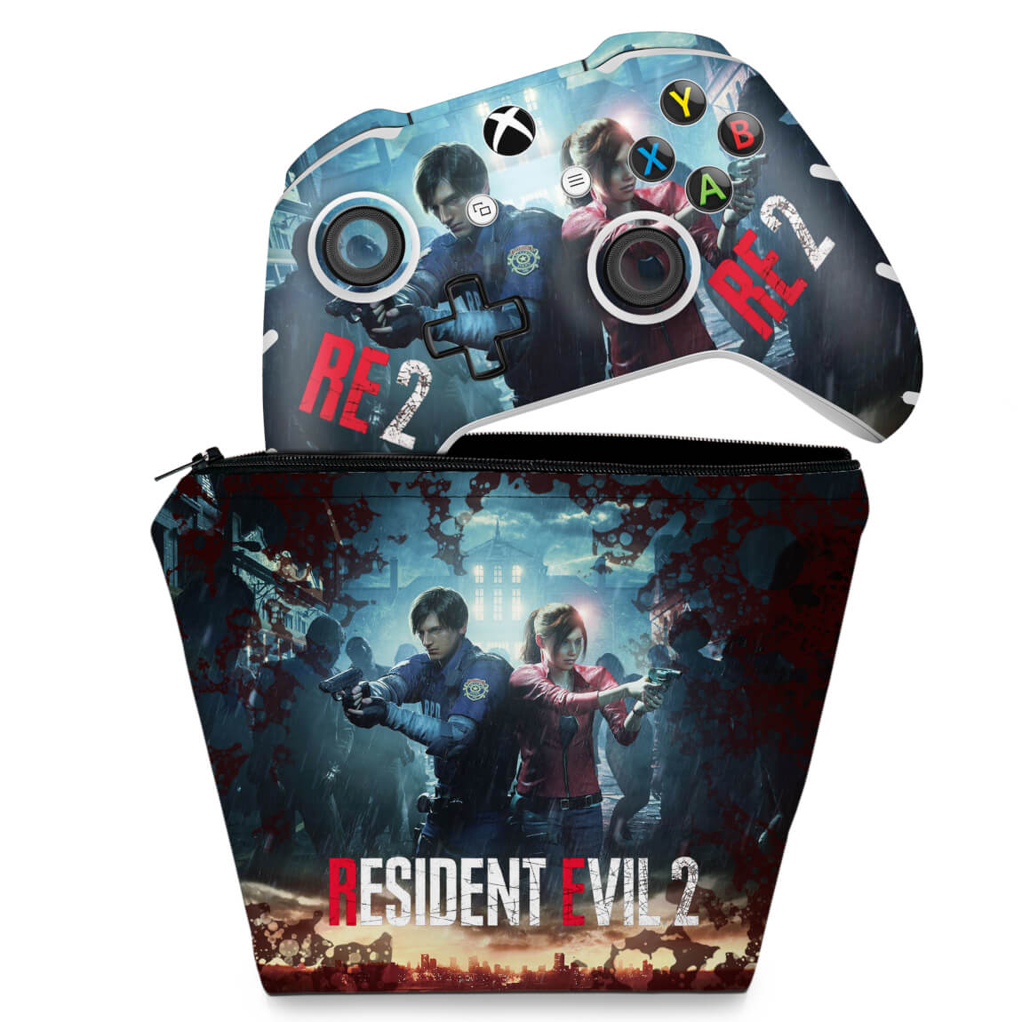KIT Capa Case e Skin Anti-Rage Xbox One Slim X Controle - Resident Evil 2 Remake