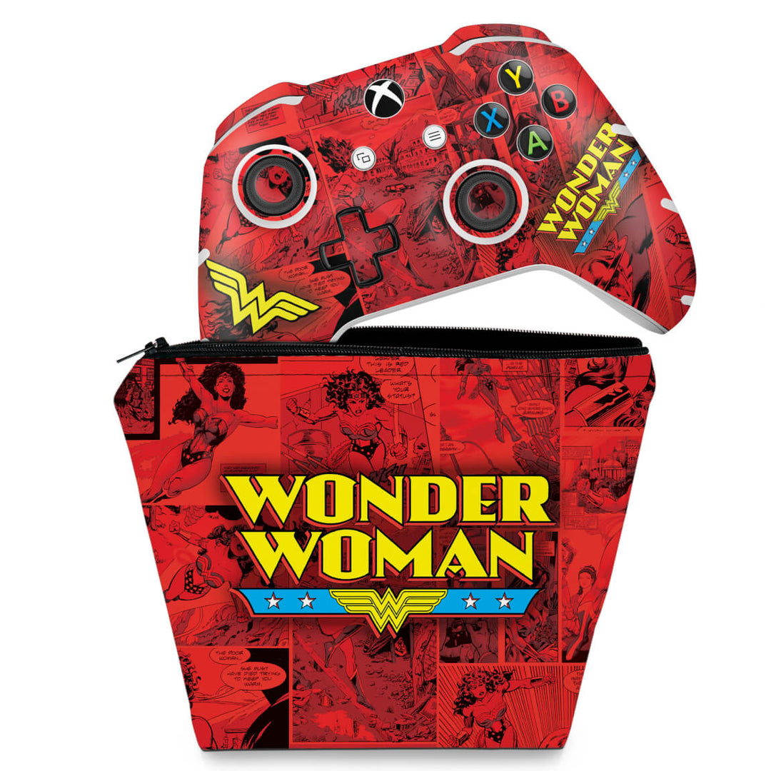 KIT Capa Case e Skin Anti-Rage Xbox One Slim X Controle - Mulher Maravilha Comics